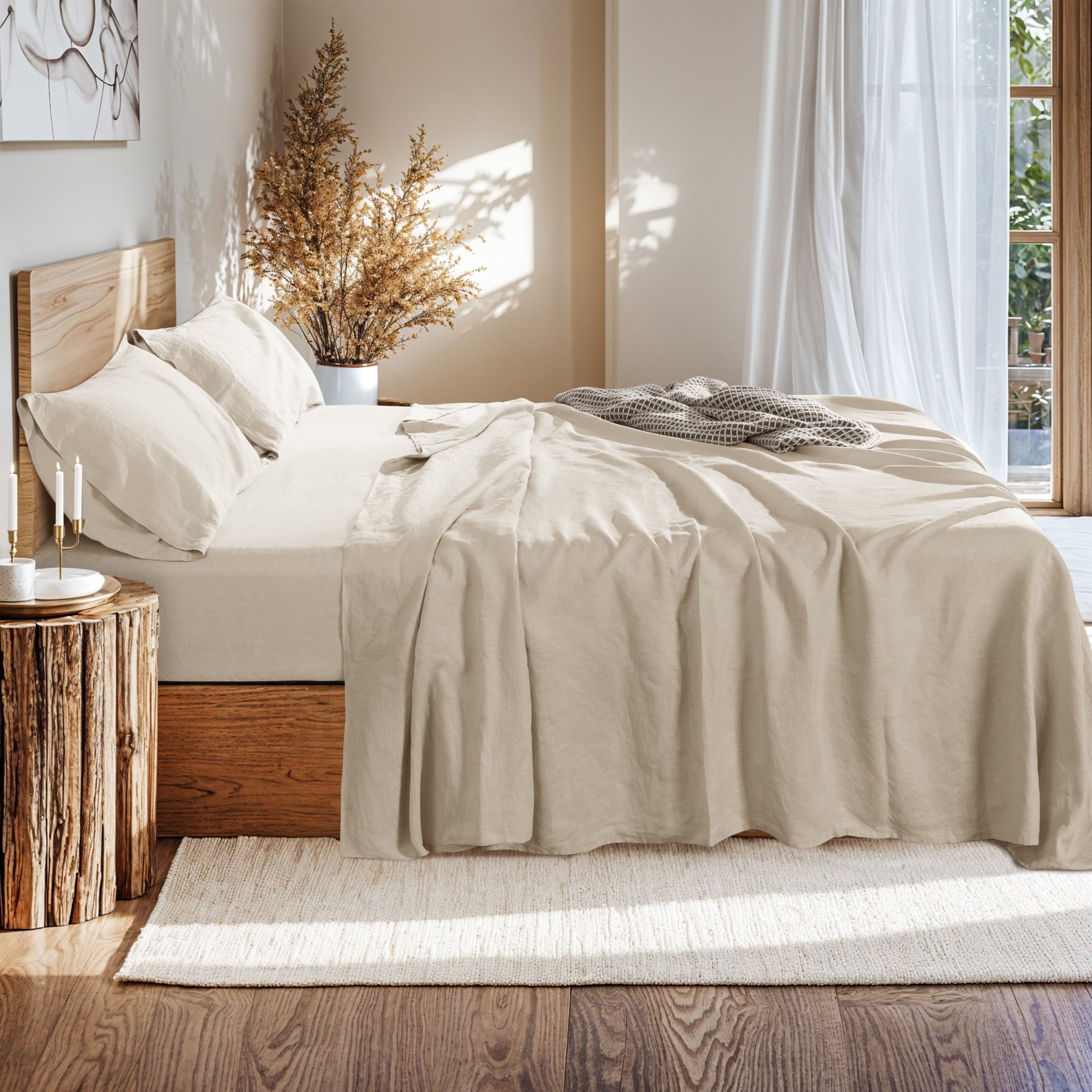 Wrinkle-Resistant Natural Linen Cotton Bed Sheets Set, Deep Pocket - Breathable - Durable - 4 Pieces (Linen, Queen) - Cooling Hotel Quality Bedding Sheets and Pillowcases Detail