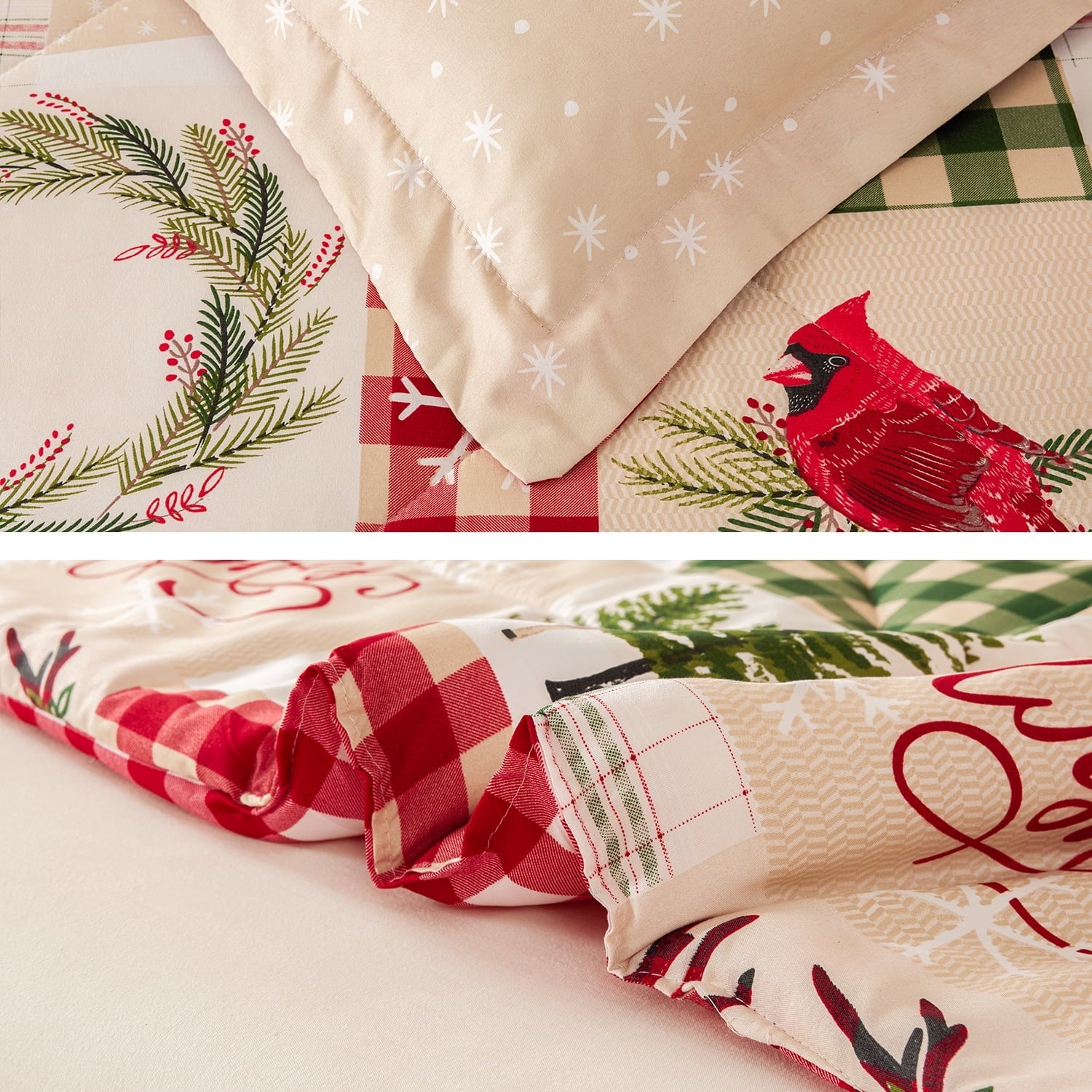 Heavyweight Warmth 3 Pcs Christmas Comforter Set, Bed in a Bag Wreath Snowman Queen/Full Size Xmas Bedding Set Fitted Pillowcases for Adult - Hypoallergenic Ultra-Fluffy Quilt for Winter Detail