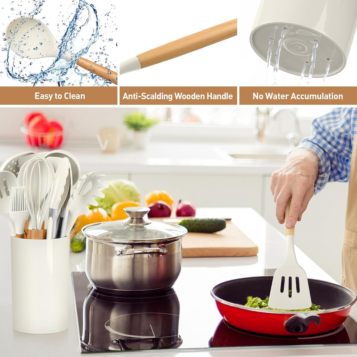 Premium Silicone Cooking Utensils Set, 12 packs Non-Stick Silicone Cooking Kitchen Utensils Spatula Set with Wooden Handles and... - Heat-Resistant Silicone Cooking Spatula Turner Detail