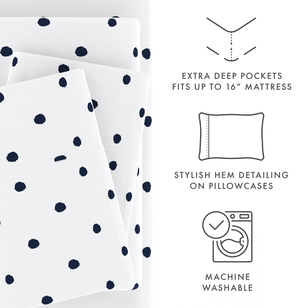 Breathable Luxury 4 Piece Pattern Microfiber Bed Sheets Set, Navy Dots, California King - Cooling Hotel Quality Bedding Sheets and Pillowcases Detail