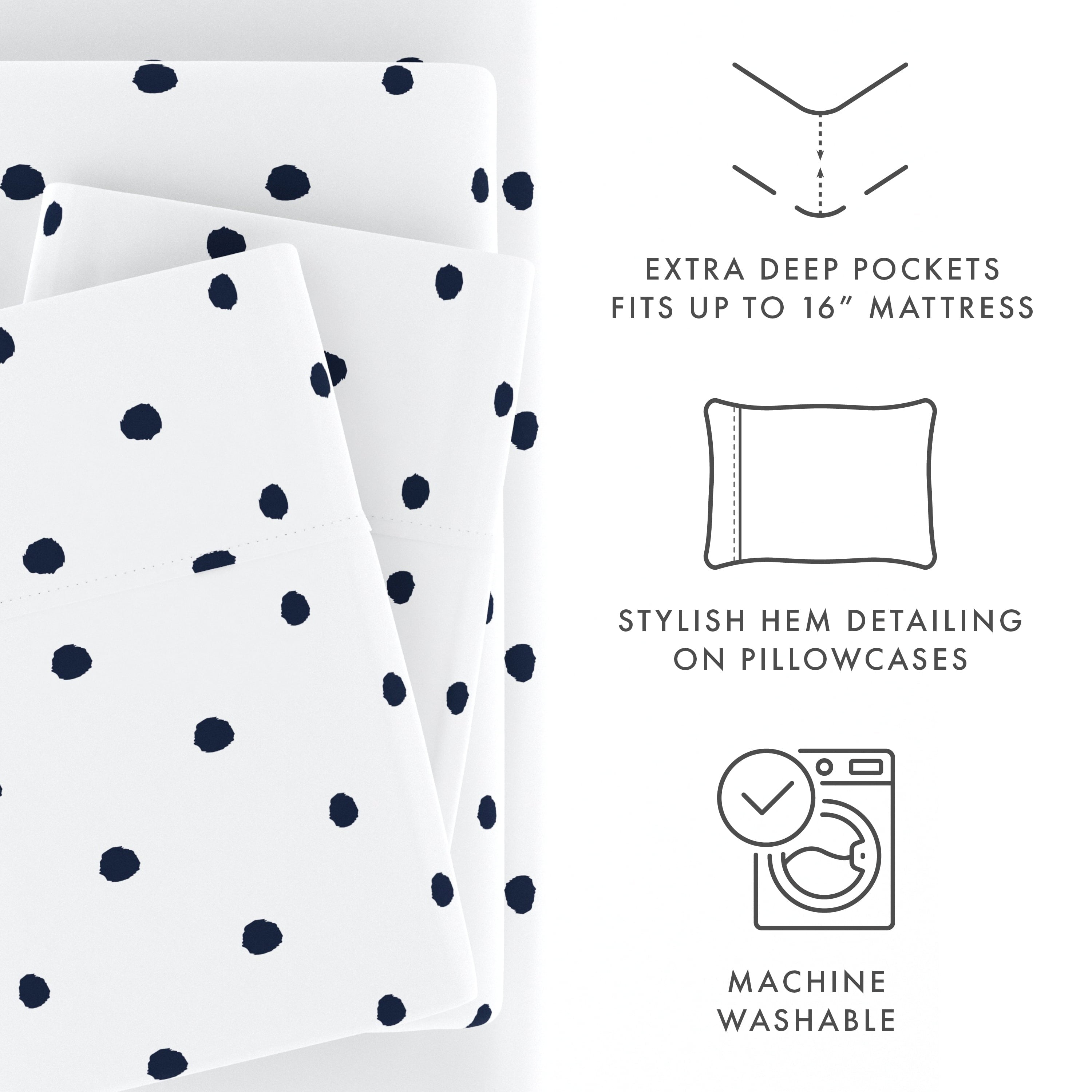 Breathable Luxury 4 Piece Pattern Microfiber Bed Sheets Set, Navy Dots, California King - Cooling Hotel Quality Bedding Sheets and Pillowcases Detail