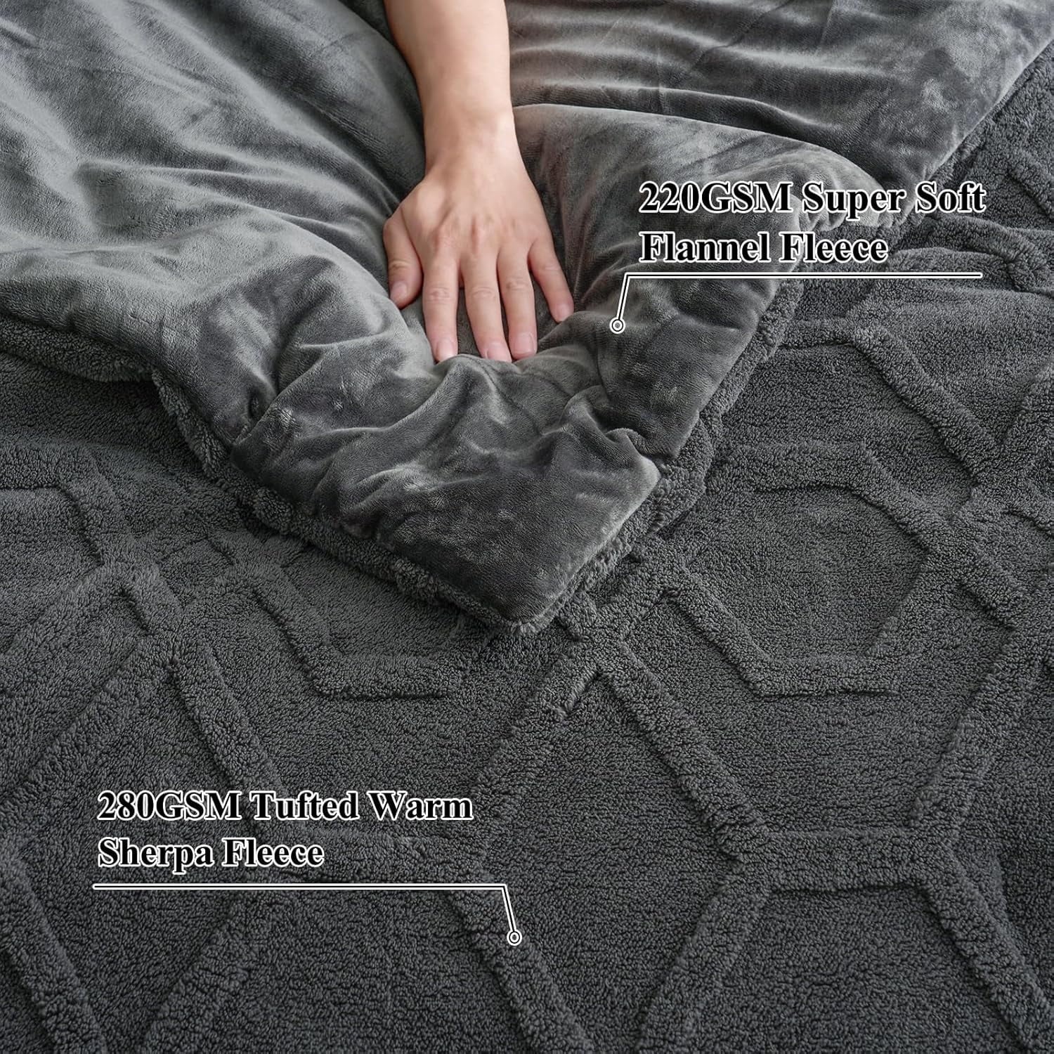 All-Season Warm Sherpa Fleece Queen Comforter Set, 3D Tufted Fluffy Dark Grey Bedding for Winter, Soft 3 Pieces Shaggy Bed Set, ... - Luxurious Quilted Duvet Cover Set Detail