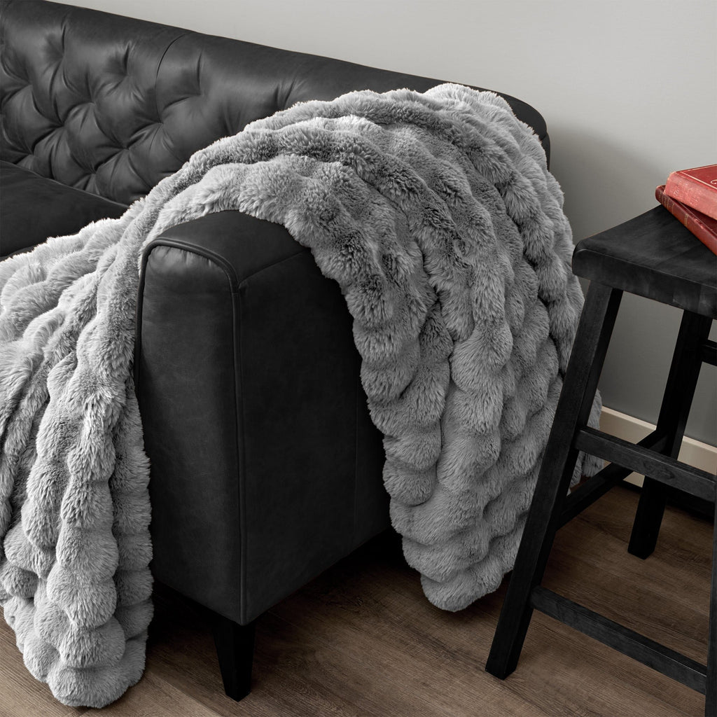 Decorative Knitted Serenade Gray Textured Faux Fur Throw Blanket, 50 x 70 - Super Soft Reversible Sherpa Flannel Blanket Detail