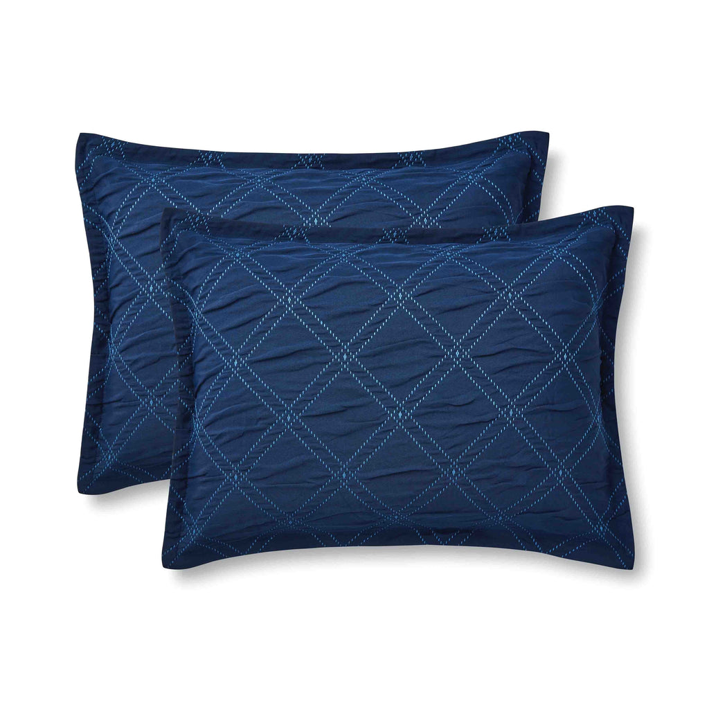 Luxurious Quilted 5-Piece Reversible Comforter Set Navy Cross Stitch Bedding with Decor Pillow and Throw, Full/Queen - Cloud-Like Soft Lightweight Bed Comforter Detail