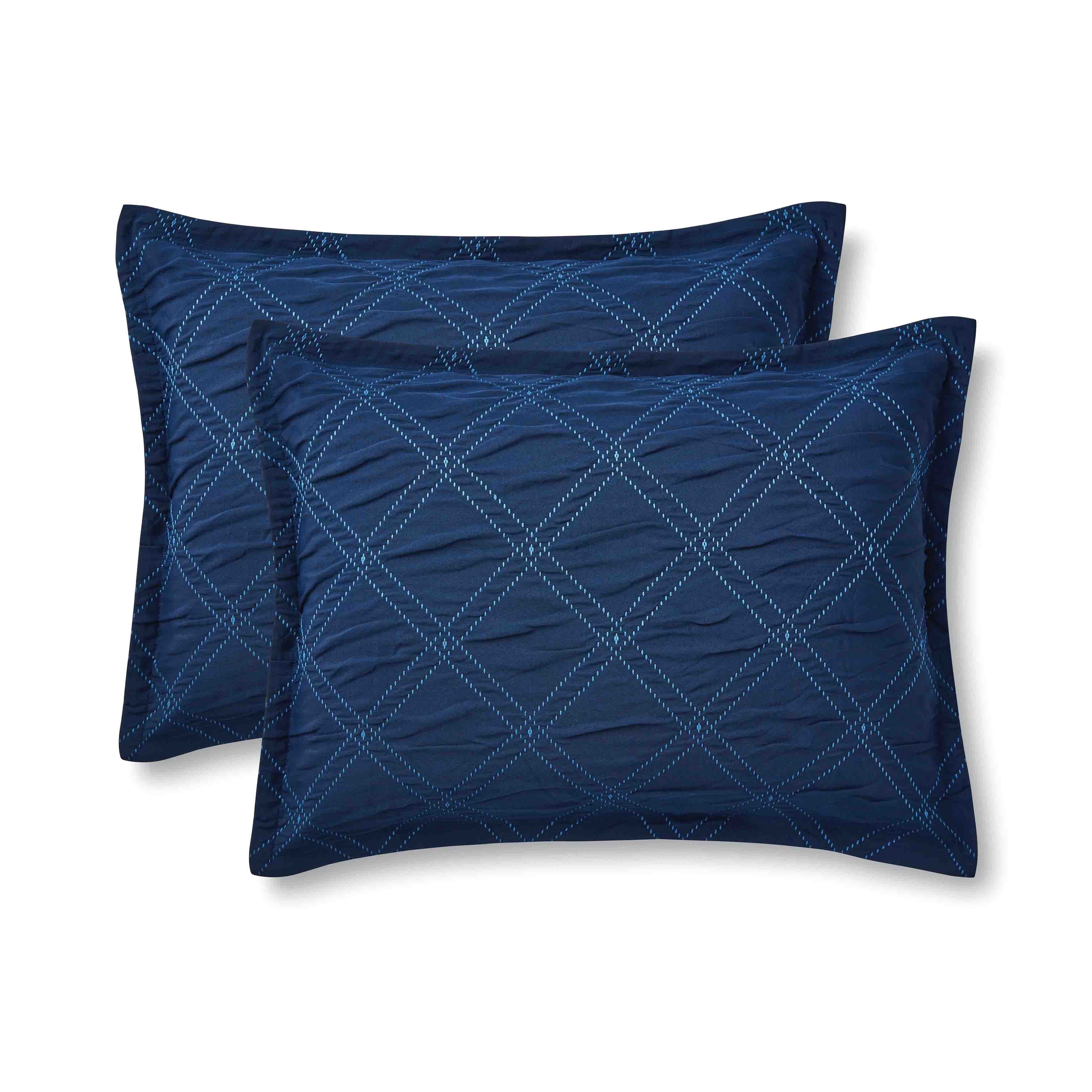 Luxurious Quilted 5-Piece Reversible Comforter Set Navy Cross Stitch Bedding with Decor Pillow and Throw, Full/Queen - Cloud-Like Soft Lightweight Bed Comforter Detail