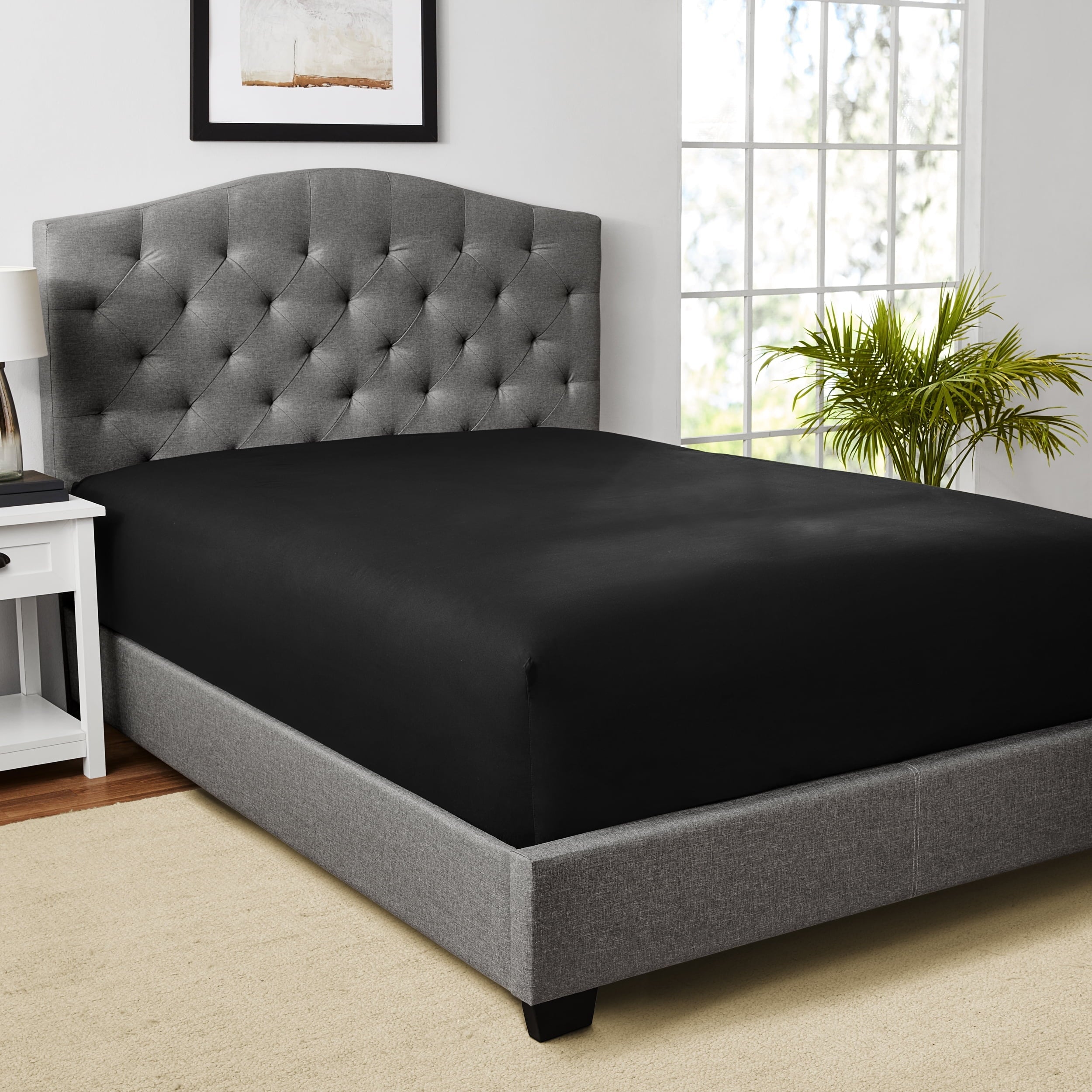 Wrinkle-Resistant Easy Care Solid Rich-Black CVC Cotton Blend Fitted Sheet, Full - Breathable Egyptian Cotton Flat & Fitted Sheets Detail