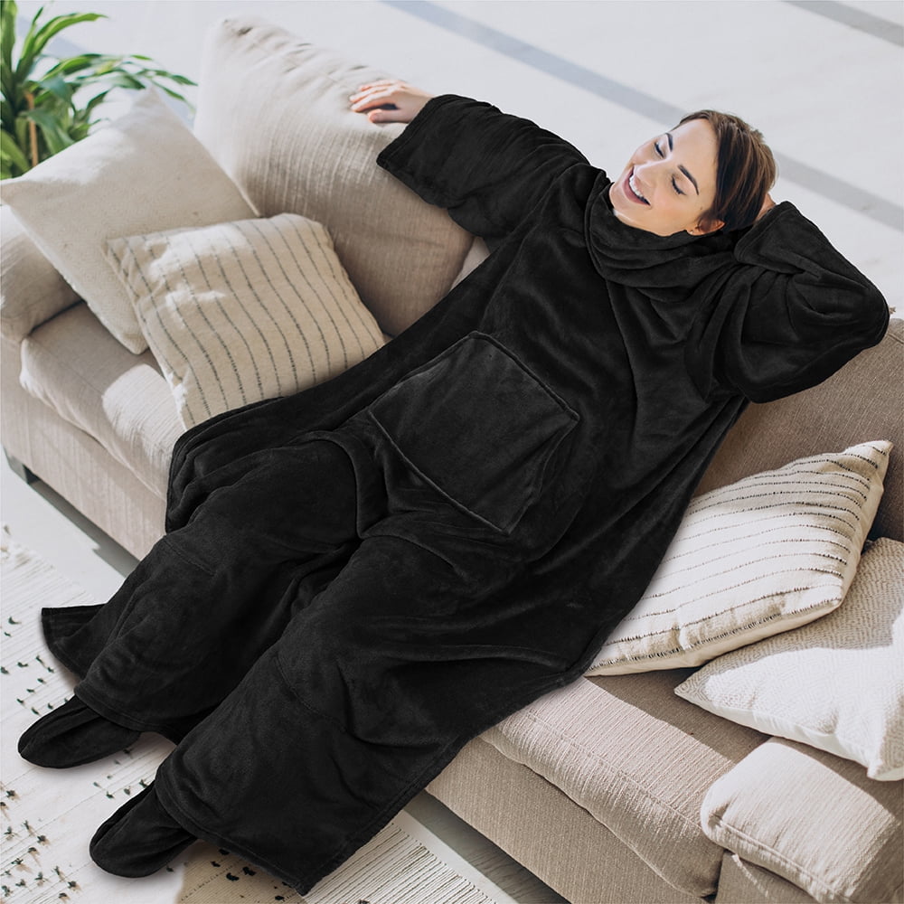 Lightweight Warm Fleece Blanket with Sleeves, Foot Pockets for Women Men Adults, Plush Wearable Blanket Throw Wrap, Warm Snuggle Blank... - Super Soft Reversible Sherpa Flannel Blanket Detail