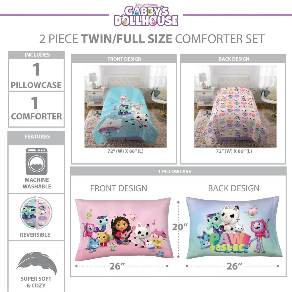 Luxurious Quilted Gabby's Dollhouse Kids Comforter and Pillowcase, 2-Piece Set, Twin/Full, Reversible - Cloud-Like Soft Lightweight Bed Comforter Detail