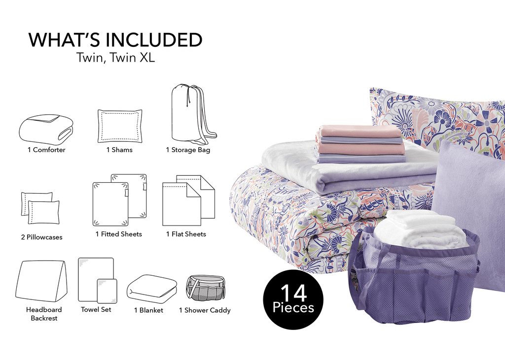 Heavyweight Warmth 14pc College Dorm Essentials Bundle, Twin-XL, Reversible Bed in a Bag Comforter Set, Purple Floral - Luxurious Quilted Duvet Cover Set Detail