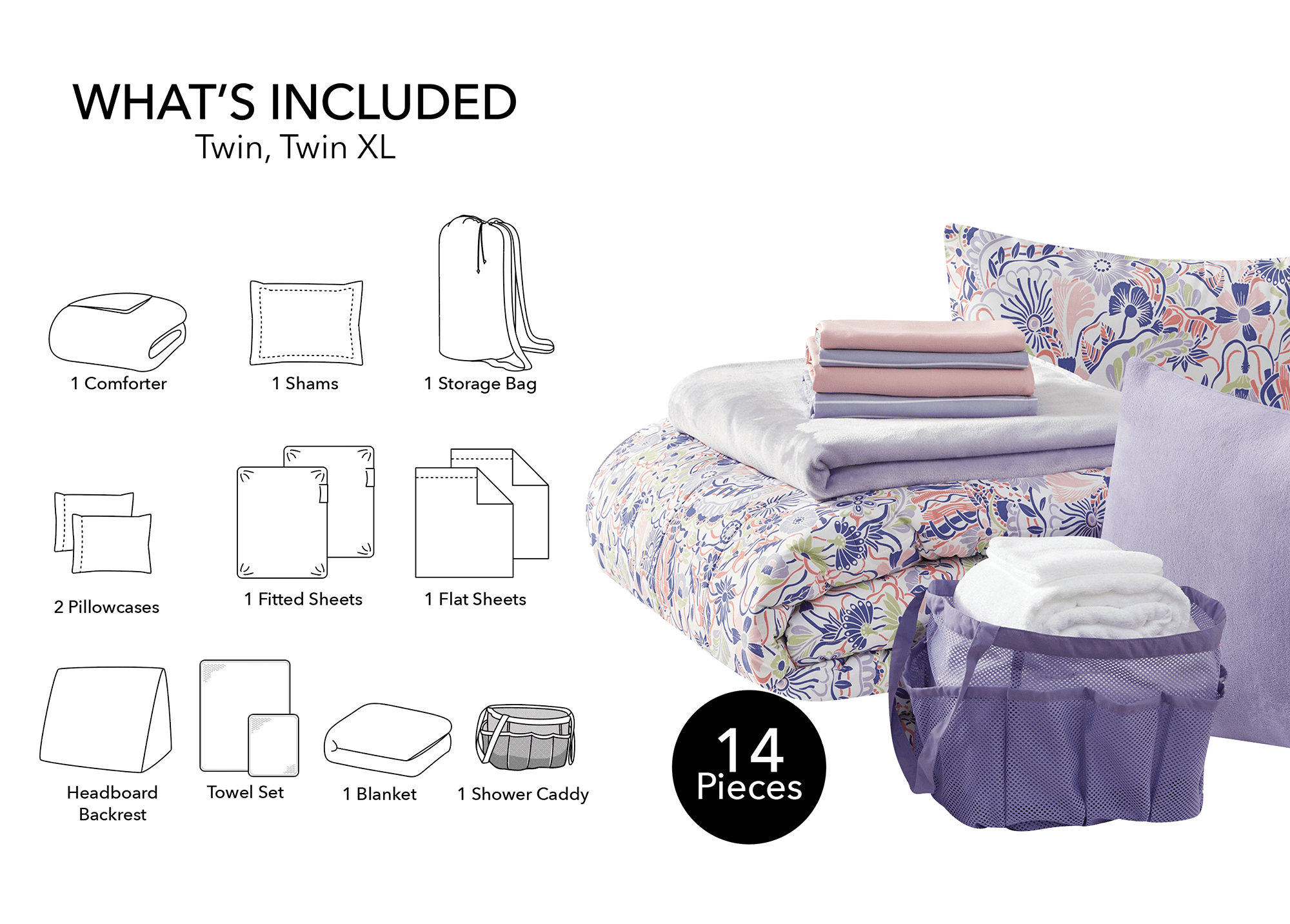 Heavyweight Warmth 14pc College Dorm Essentials Bundle, Twin-XL, Reversible Bed in a Bag Comforter Set, Purple Floral - Luxurious Quilted Duvet Cover Set Detail