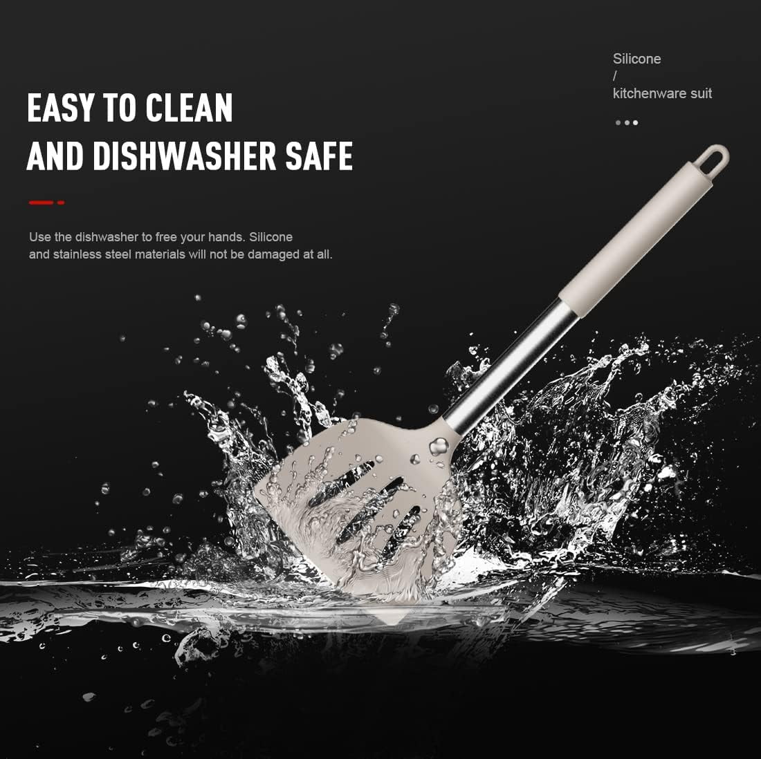 Premium Silicone Large Silicone Cooking Utensils Set - Heat Resistant Kitchen Utensils,Turner Tongs,Spatula,Spoon,Brush,Whisk,Stainles... - Premium Stainless Steel Cooking Utensil for Non-Stick Pots Detail