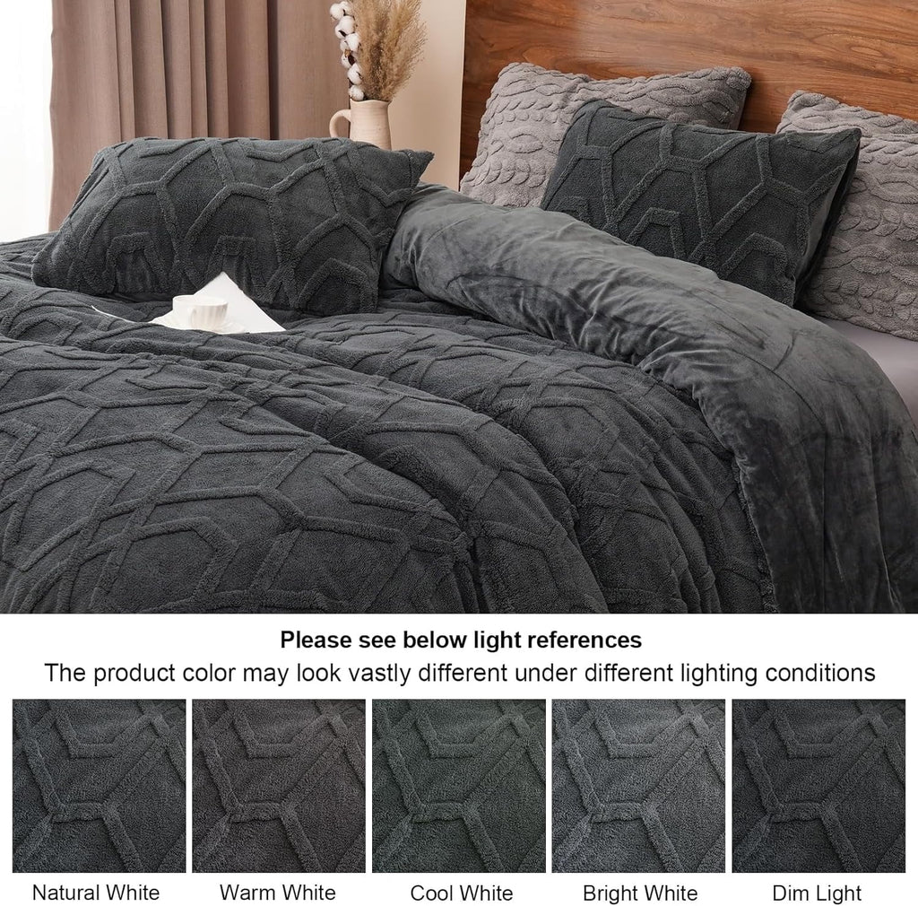 All-Season Warm Sherpa Fleece Queen Comforter Set, 3D Tufted Fluffy Dark Grey Bedding for Winter, Soft 3 Pieces Shaggy Bed Set, ... - Luxurious Quilted Duvet Cover Set Detail