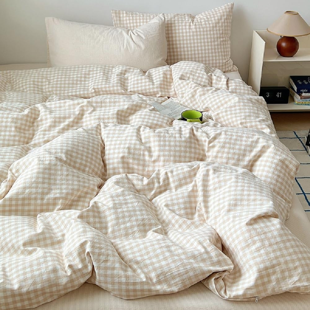 Heavyweight Warmth Soft Beige White Plaid Comforter Twin Sets, 2 Pieces Breathable Plaid Buffalo Checkered Comforter for All Season - All-Season Down Alternative Comforter Insert Detail