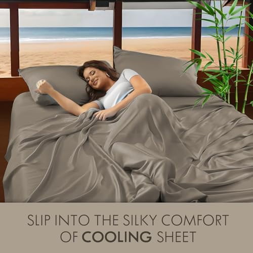 Premium Egyptian Cotton Home 4-Piece Queen Bamboo Bed Sheet Set, 100% Organic Cooling Fabric, 16" Deep Pocket, Taupe - Cooling Hotel Quality Bedding Sheets and Pillowcases Detail