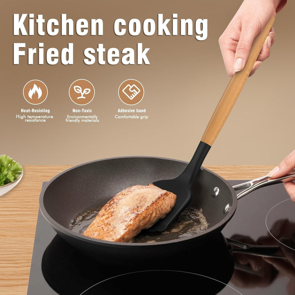 Chef-Quality Silicone Cooking Utensils Set - Silicone Kitchen Utensils for Cooking Wooden Handles, 446°F Heat Resistant Kitchen Ut... - High-Precision Culinary Tool for Baking & Cooking Detail
