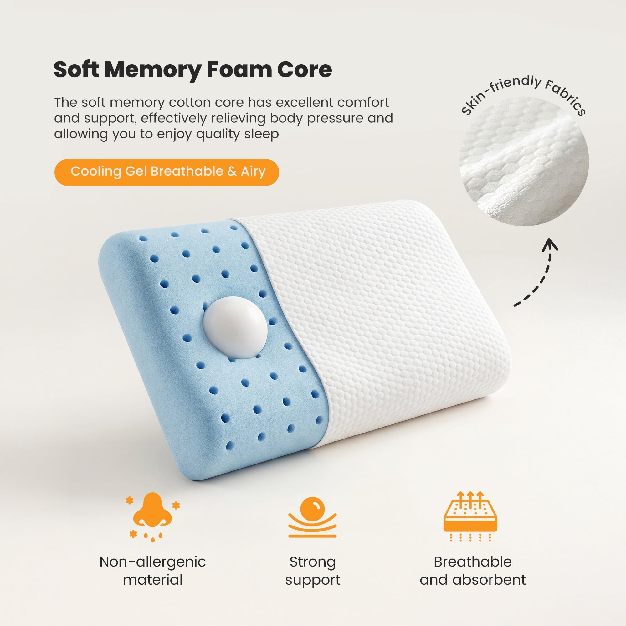 Decorative Plump Memory Foam Pillow for Sleeping, Gel Cooling Bed Pillow with Breathable Mesh and Washable Cover for Back and Side Sle... - Hotel Quality Plush Sleeping Pillows Detail