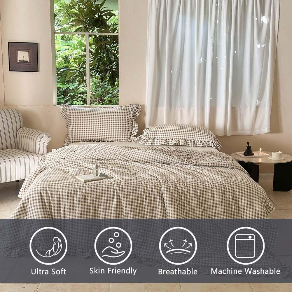 Luxurious Quilted Tan Gingham Ruffle Queen Comforter Set, Taupe Ruffled Plaid Bedding Set, Ruffled Checked Bed Comforter 3 Pieces(Tan G... - Hypoallergenic Ultra-Fluffy Quilt for Winter Detail