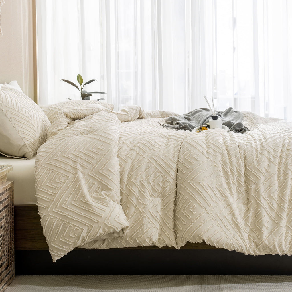 Luxurious Quilted King Size Comforter Sets Beige - 3 Pieces Cream Boho Bedding Comforter Set for King Bed - Soft Fluffy Tufted Textured... - Luxurious Quilted Duvet Cover Set Detail