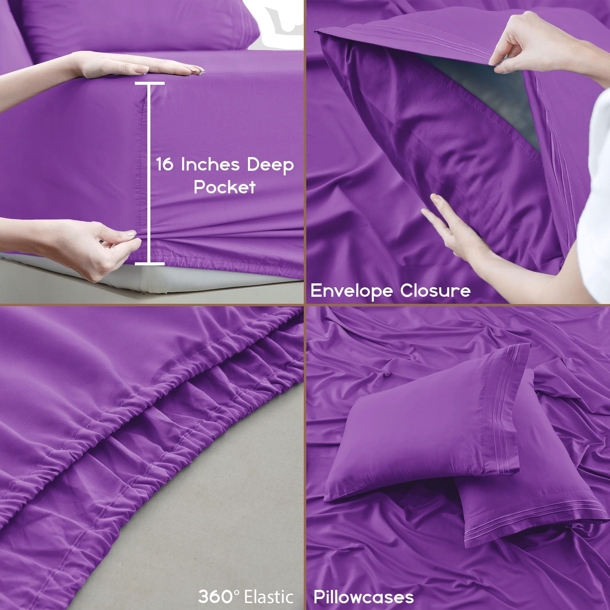 Wrinkle-Resistant King Bed Sheets - 16 Inch Deep Pocket 6 Piece Microfiber Bedding Sheets & Pillowcase Sets - Purple - Luxury Bed Sheet Set with Deep Pockets Detail