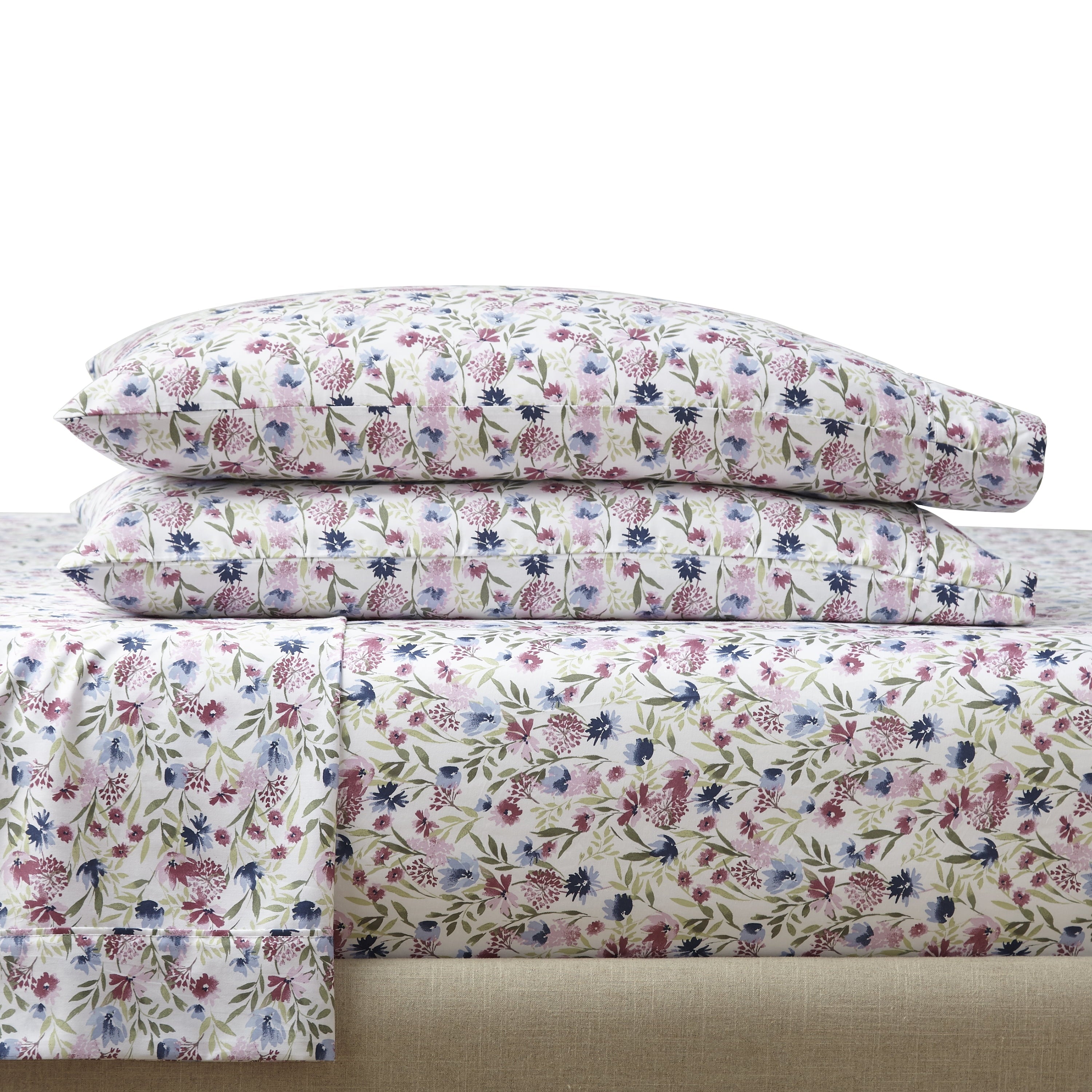 Breathable Luxury 4-Piece 300 Thread Count Bashful Blooms Cool Cotton Sateen Bed Sheet Set, Queen - Breathable Egyptian Cotton Flat & Fitted Sheets Detail