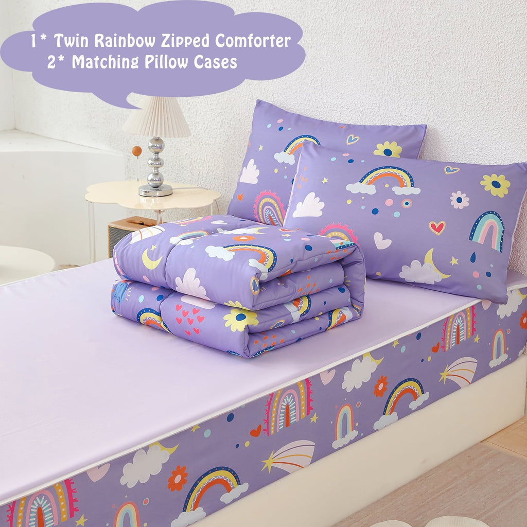 Heavyweight Warmth Zipper Kids Comforter Set, 3-Piece Purple Twin Bed in a Bag, Cartoon Rainbow Stars Flowers Printed Zip Up Comforter S... - All-Season Down Alternative Comforter Insert Detail