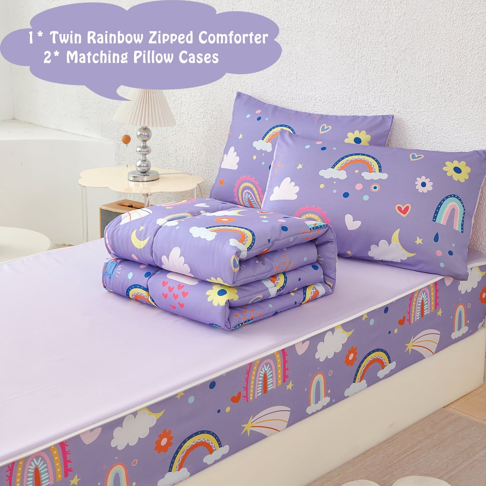 Heavyweight Warmth Zipper Kids Comforter Set, 3-Piece Purple Twin Bed in a Bag, Cartoon Rainbow Stars Flowers Printed Zip Up Comforter S... - All-Season Down Alternative Comforter Insert Detail