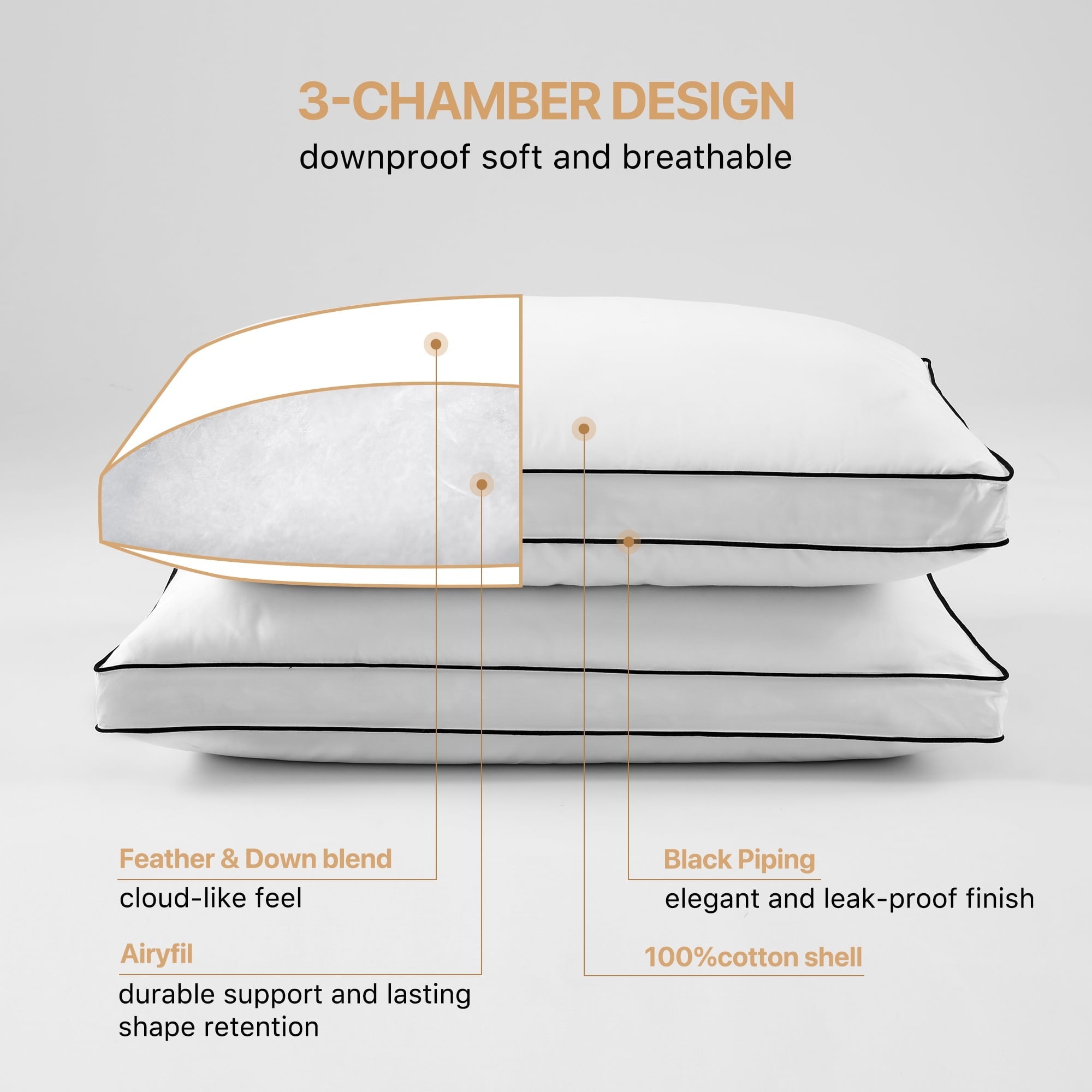 Decorative Plump Gusseted Feather Down Pillow Set of 2, Medium Firm Hotel Bed Pillows 2 Pack, Queen Size for Side Sleepers, 20 x 30 in - Orthopedic Shredded Foam Bed Pillow Set Detail
