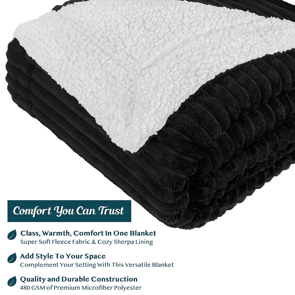 Cozy Fleece Reversible Sherpa Fleece Throw Blanket Black, Plush Flannel Throw, Ultra Soft Warm Ribbed Microfiber Blanket for Sofa... - Lightweight Plush Warm Blanket for All Seasons Detail
