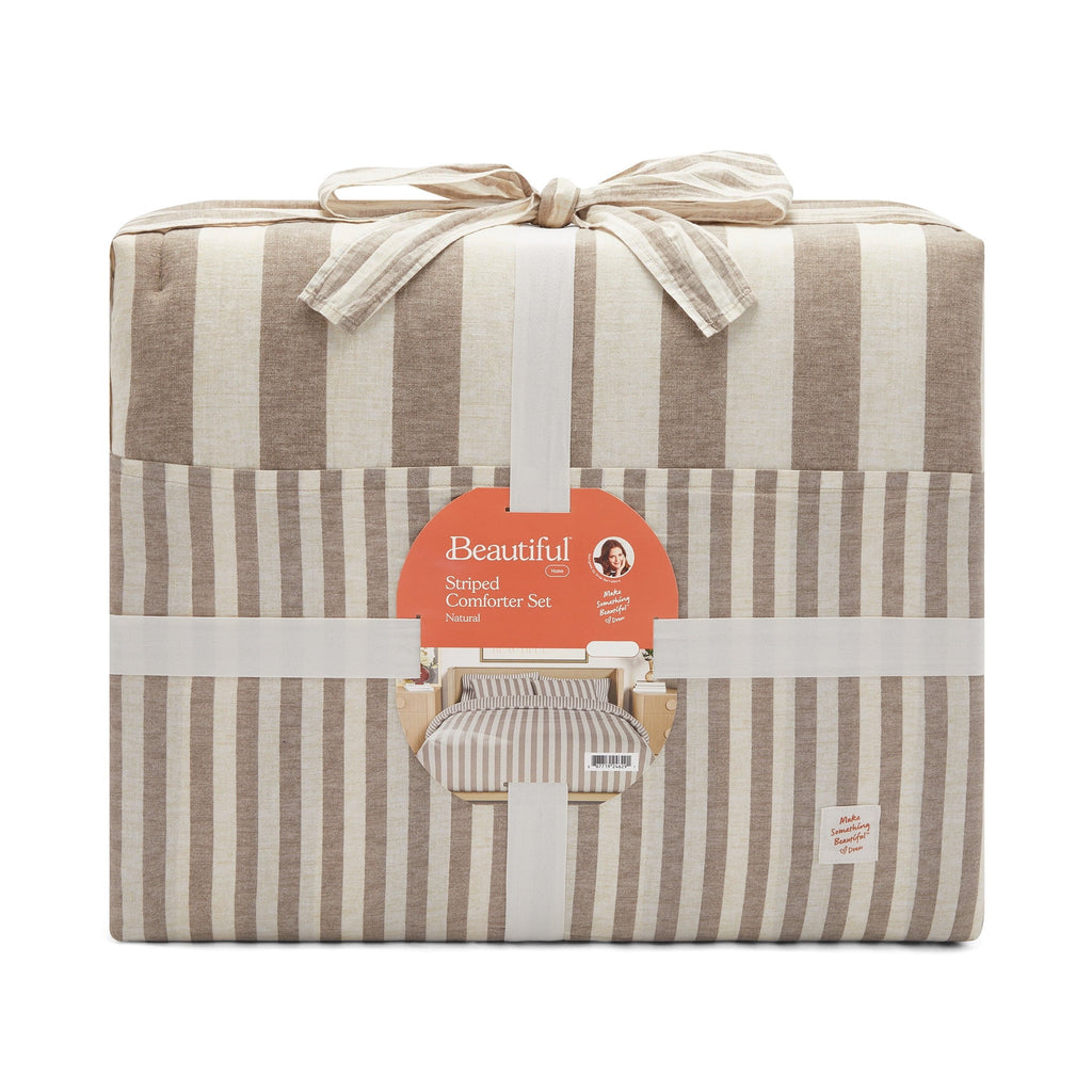 Luxurious Quilted 100% Cotton Striped 3-Piece Natural Comforter Set, Full/Queen - Cloud-Like Soft Lightweight Bed Comforter Detail