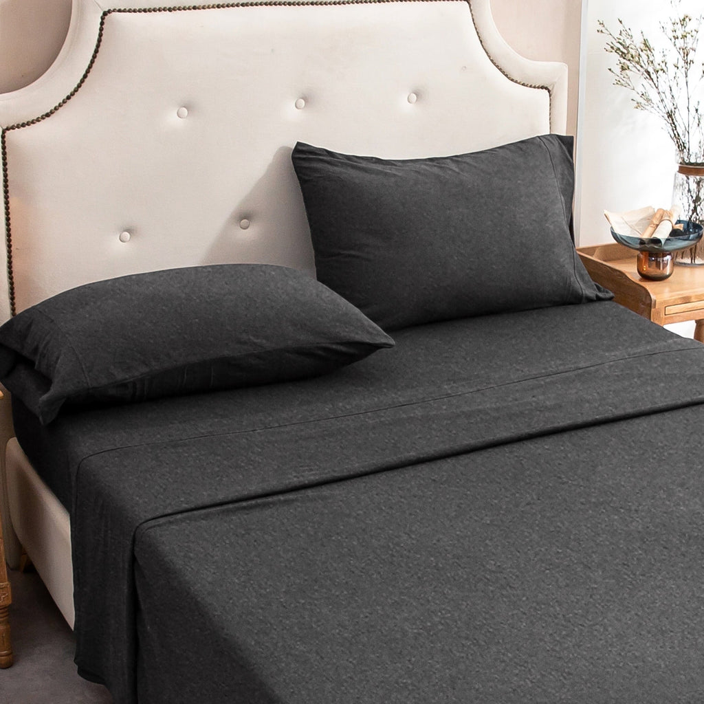 Cooling Sateen 100% Cotton Jersey Knit 4pc Bed Sheet Set Extra Deep Pocket up to 20" Charcoal Gray Queen - Luxury Bed Sheet Set with Deep Pockets Detail
