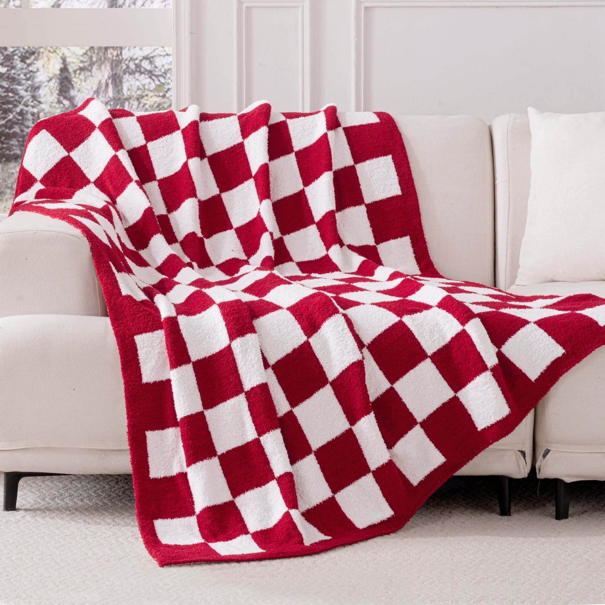 Cozy Fleece Checkered Knit Throw Blanket, Ultra Soft Cozy Fluffy Checkerboard Blankets, Lightweight Fuzzy Plush Throw for Couch a... - Super Soft Reversible Sherpa Flannel Blanket Detail
