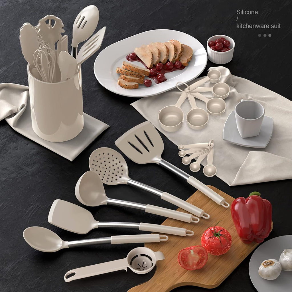 Durable Steel Large Silicone Cooking Utensils Set - Heat Resistant Kitchen Utensils,Turner Tongs,Spatula,Spoon,Brush,Whisk,Stainles... - Professional Kitchen Tool for Culinary Enthusiasts Detail
