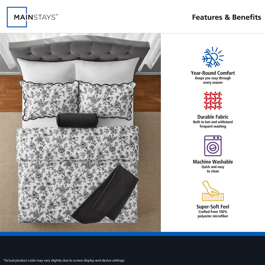 All-Season Floral Scallop 4-Piece White/Black Comforter Set, Twin/Twin XL - All-Season Down Alternative Comforter Insert Detail