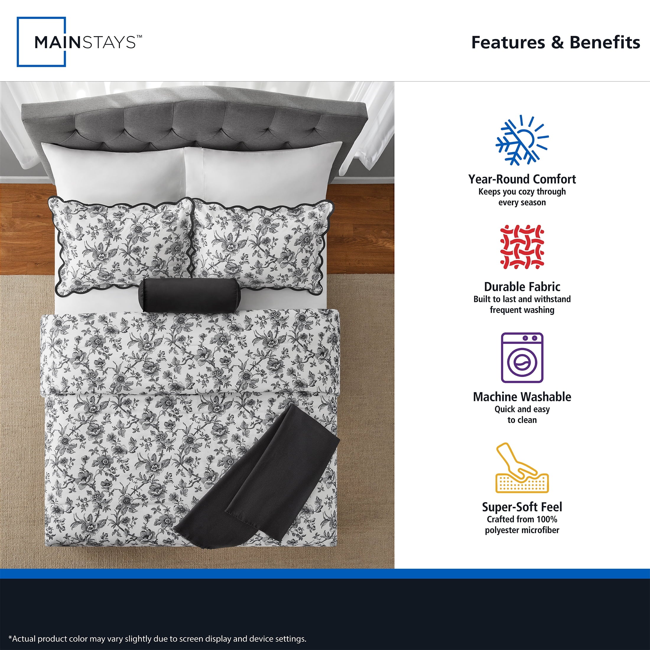 All-Season Floral Scallop 4-Piece White/Black Comforter Set, Twin/Twin XL - All-Season Down Alternative Comforter Insert Detail