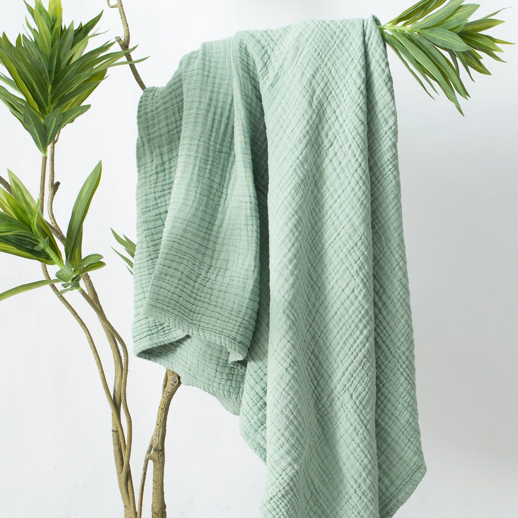 Reversible Sherpa 100% Cotton Muslin Throw Blanket Gauze Blankets for Adults Soft Throws for Bed and Couch, 50" x 70" Sage Green - Lightweight Plush Warm Blanket for All Seasons Detail