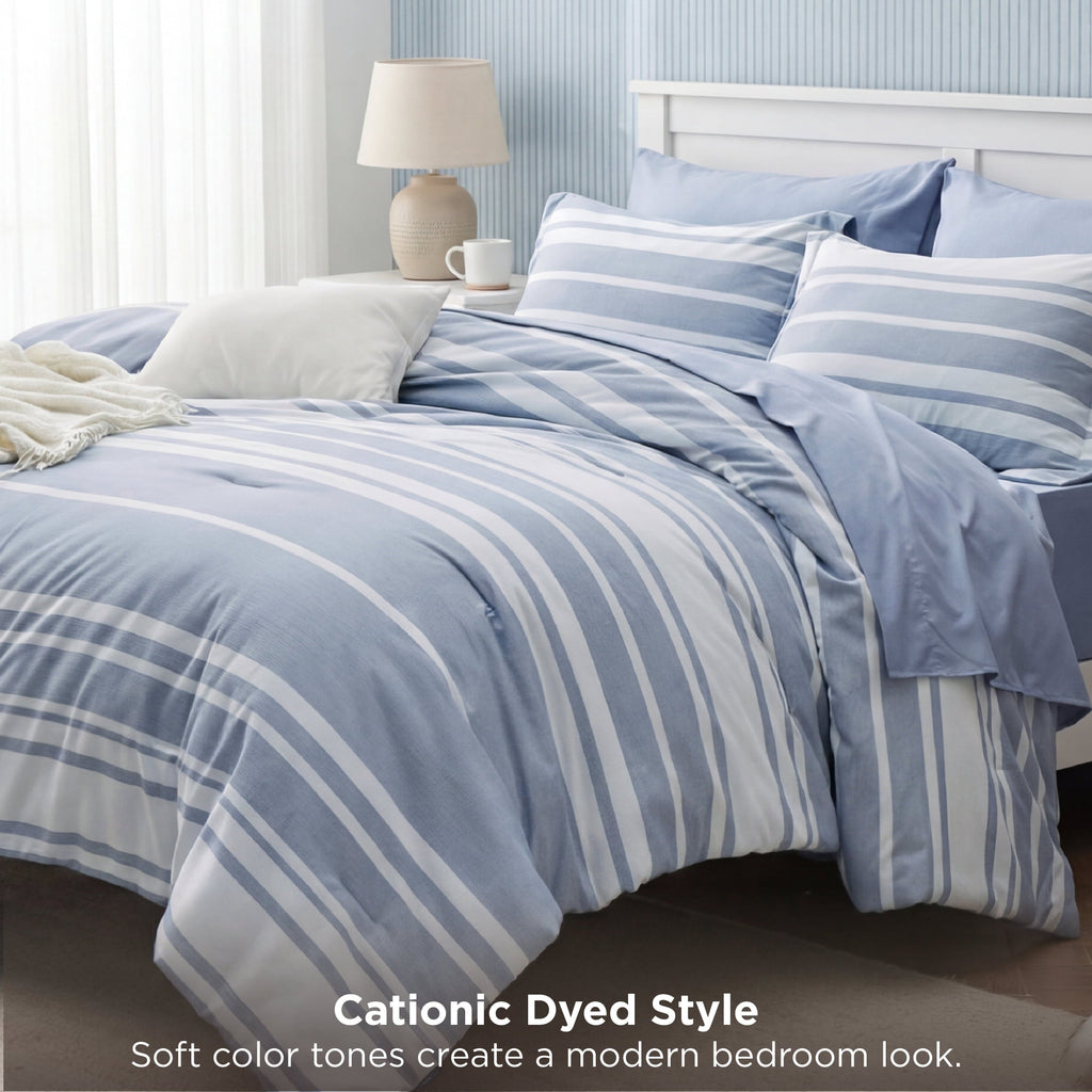 Luxurious Quilted Queen Comforter Set Blue, Bed in a Bag Queen Size Bedding 7-Pieces, Striped Bedding Set for All Seasons - Luxurious Quilted Duvet Cover Set Detail