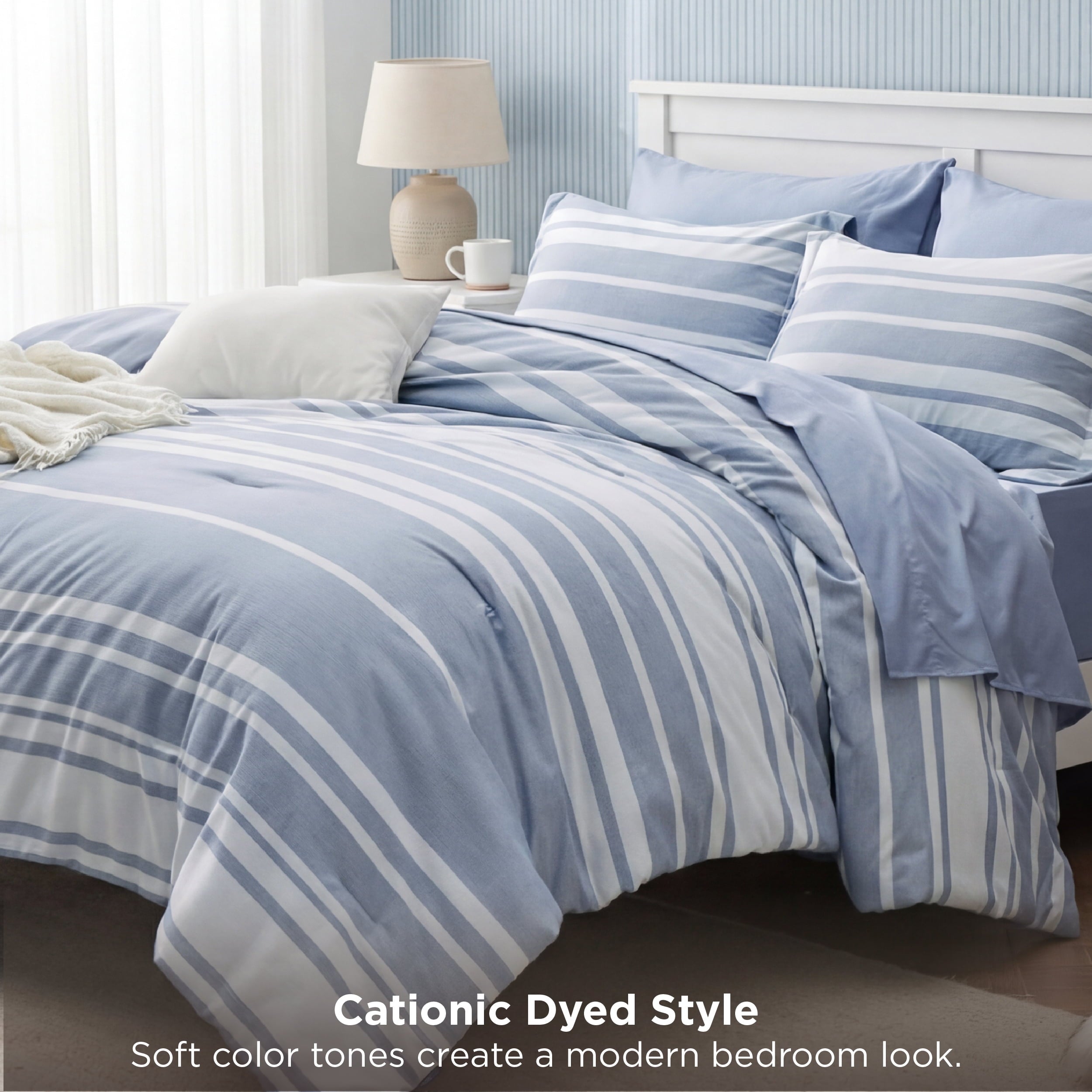 Luxurious Quilted Queen Comforter Set Blue, Bed in a Bag Queen Size Bedding 7-Pieces, Striped Bedding Set for All Seasons - Luxurious Quilted Duvet Cover Set Detail