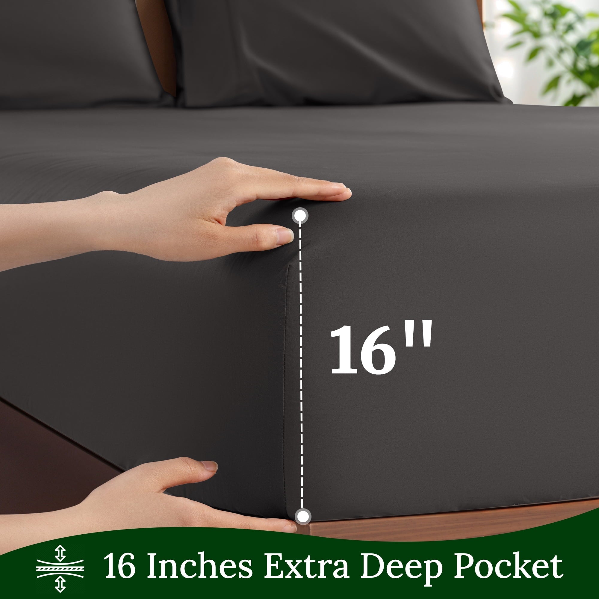 Cooling Sateen 100% Cotton Bed Sheets Set, 1000 Thread Count 4 Piece Luxury Soft Sheets Set with 16" Deep Pocket, Queen, Dark Gray - Luxury Bed Sheet Set with Deep Pockets Detail