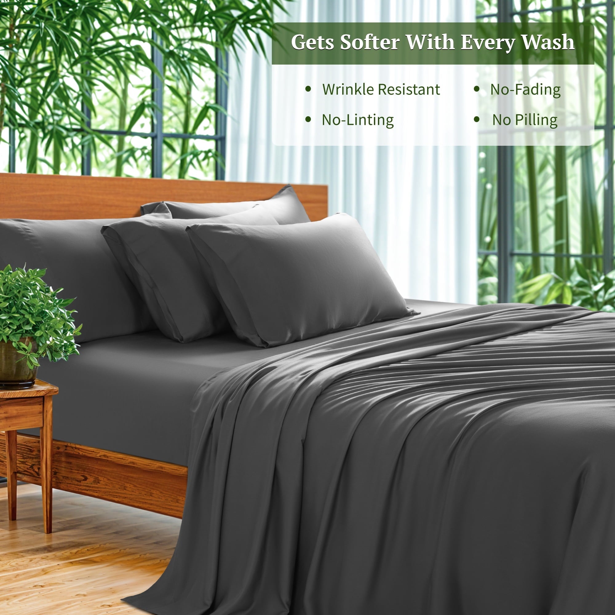 Cooling Sateen 6 Pieces Bamboo Bed Sheets Set, Luxury Rayon Derived - Deep Pockets - Wrinkle Free - Extremely Soft, Queen, Dark Gray - Premium Ultra-Soft Pillowcase Pair for Sleeping Detail