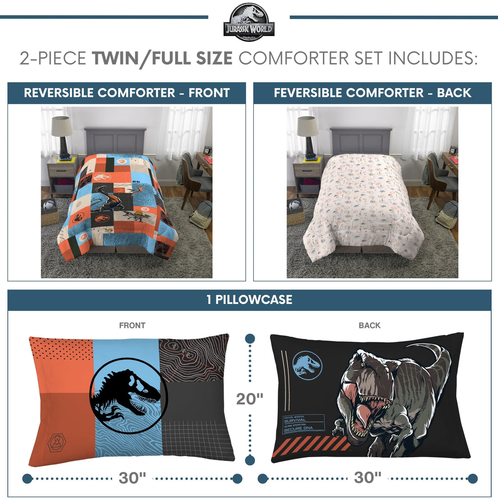 Luxurious Quilted Kids 2 Piece Blue Orange Reversible Dinosaur Comforter and Pillowcase set, Twin/full - Cloud-Like Soft Lightweight Bed Comforter Detail