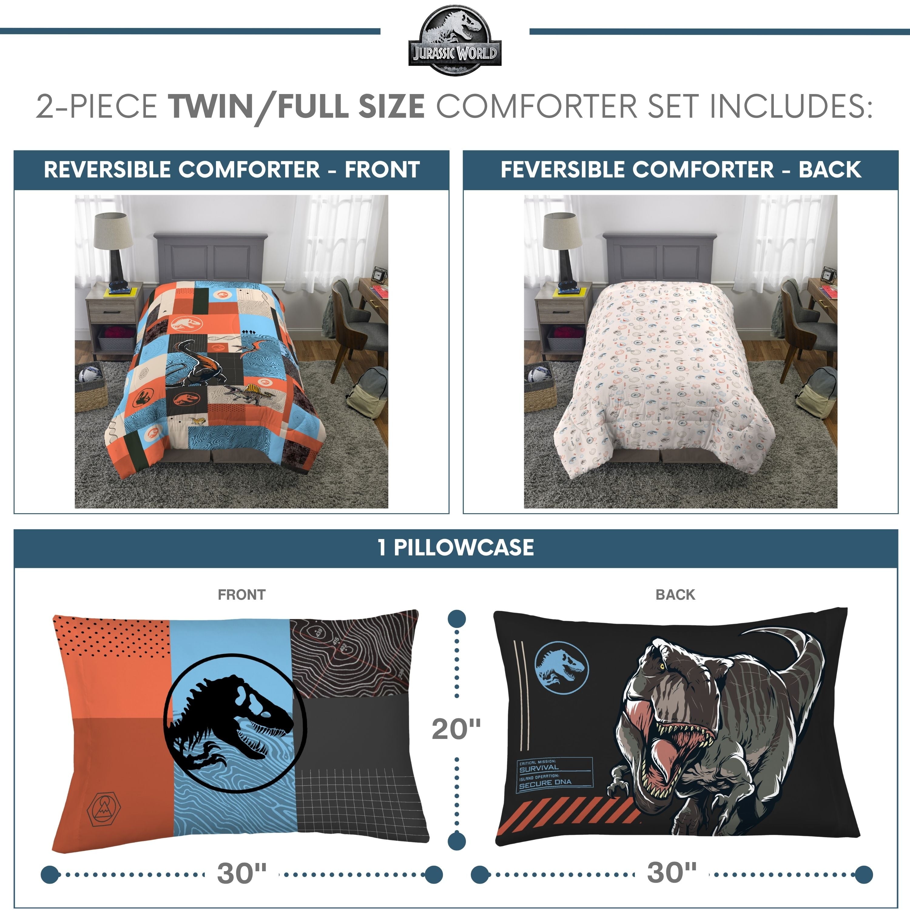 Luxurious Quilted Kids 2 Piece Blue Orange Reversible Dinosaur Comforter and Pillowcase set, Twin/full - Cloud-Like Soft Lightweight Bed Comforter Detail