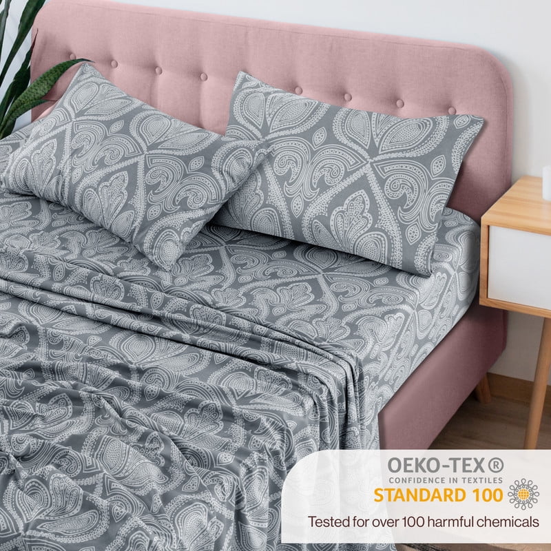 Wrinkle-Resistant Lux Decor 4 Piece Queen Sheet Set, Brushed Microfiber Paisley Printed Bed Sheet Set with up to 16" Deep Pocket Fitted... - Luxury Bed Sheet Set with Deep Pockets Detail