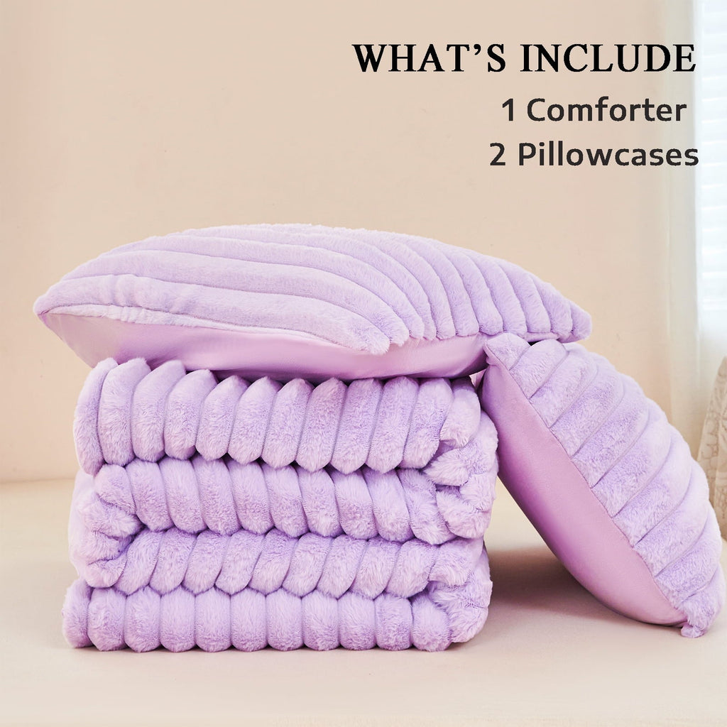 Luxurious Quilted Fleece Twin Comforter Set, Light Purple Super Soft Furry Plush Bedding, Luxury Fluffy Fuzzy Heavy Bed Set for Winter ... - Hypoallergenic Ultra-Fluffy Quilt for Winter Detail