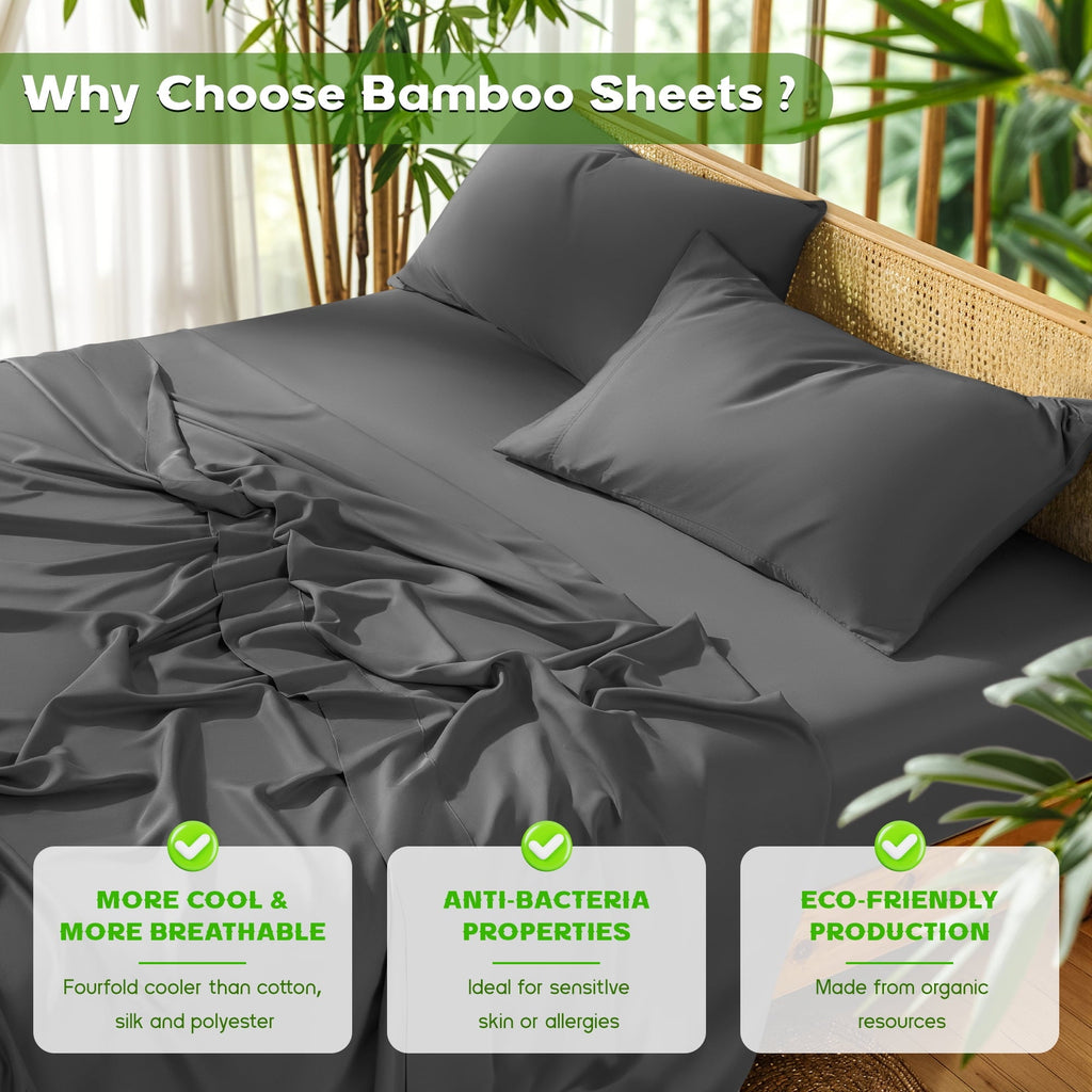Premium Egyptian Cotton Luxury Bamboo Bed Sheet Set - Deep Pockets - 4 Piece, Queen, Dark Gray - Premium Ultra-Soft Pillowcase Pair for Sleeping Detail