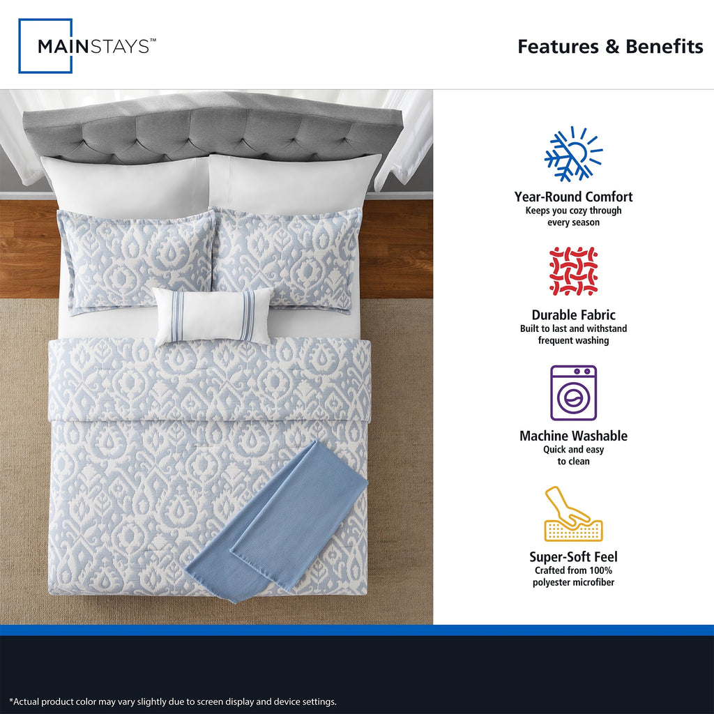 All-Season Full/Queen Comforter Set, All-Season, 5-Piece, Blue Matelasse Ikat - Hypoallergenic Ultra-Fluffy Quilt for Winter Detail