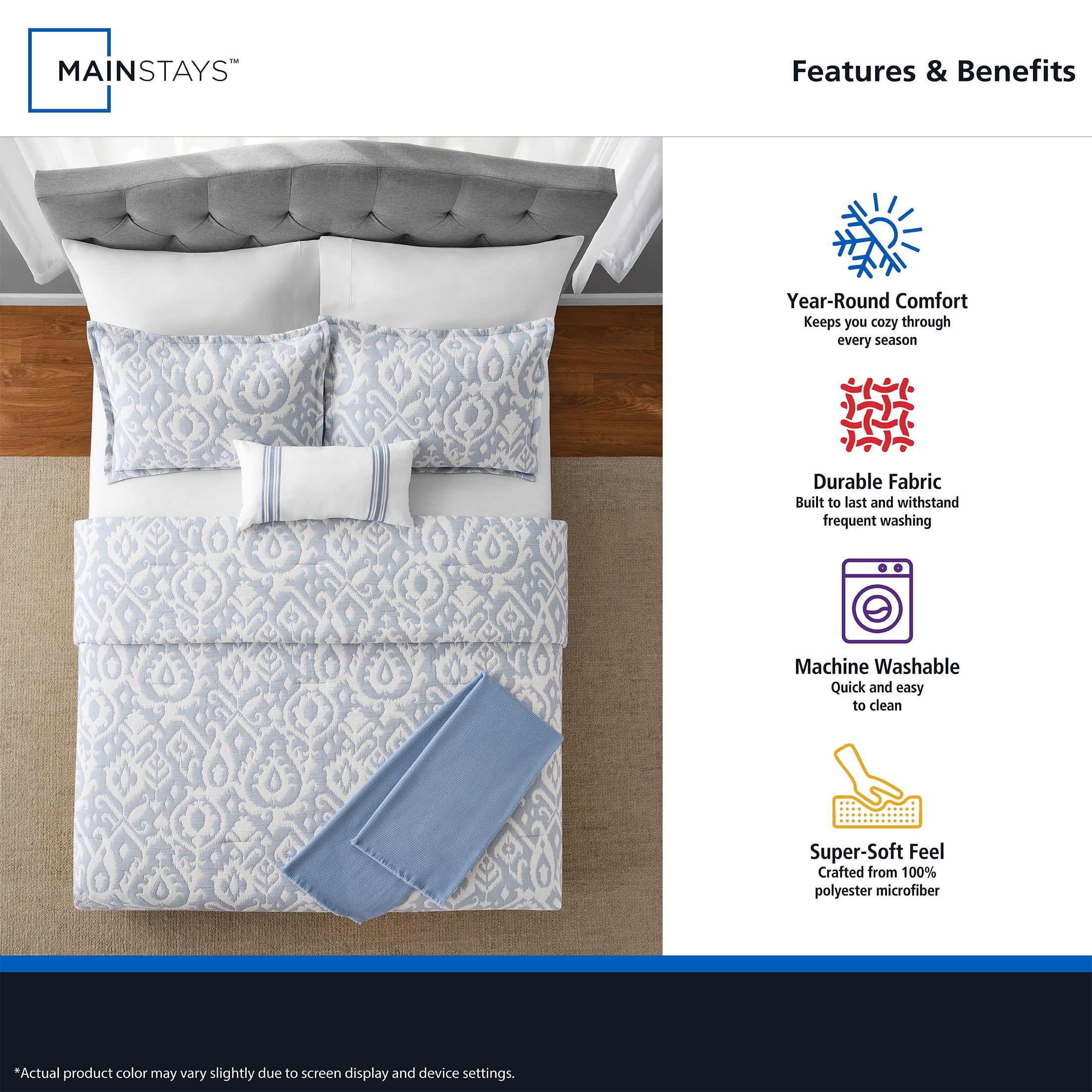All-Season Full/Queen Comforter Set, All-Season, 5-Piece, Blue Matelasse Ikat - Hypoallergenic Ultra-Fluffy Quilt for Winter Detail