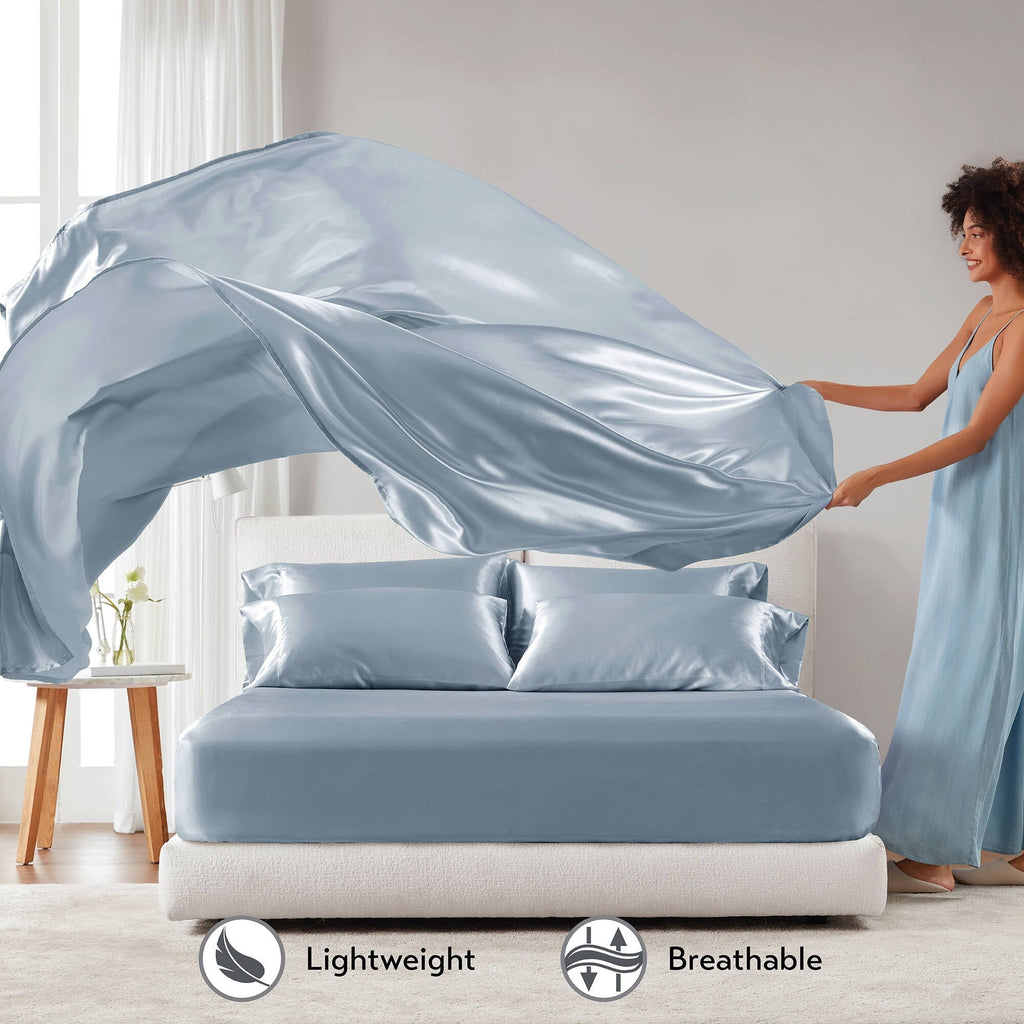Cooling Sateen Satin Sheet Set, Twin Bed Sheets with Pillowcases, 4-Piece Luxury Silky Sheet Set, Blue, Gifts for Women - Luxury Bed Sheet Set with Deep Pockets Detail