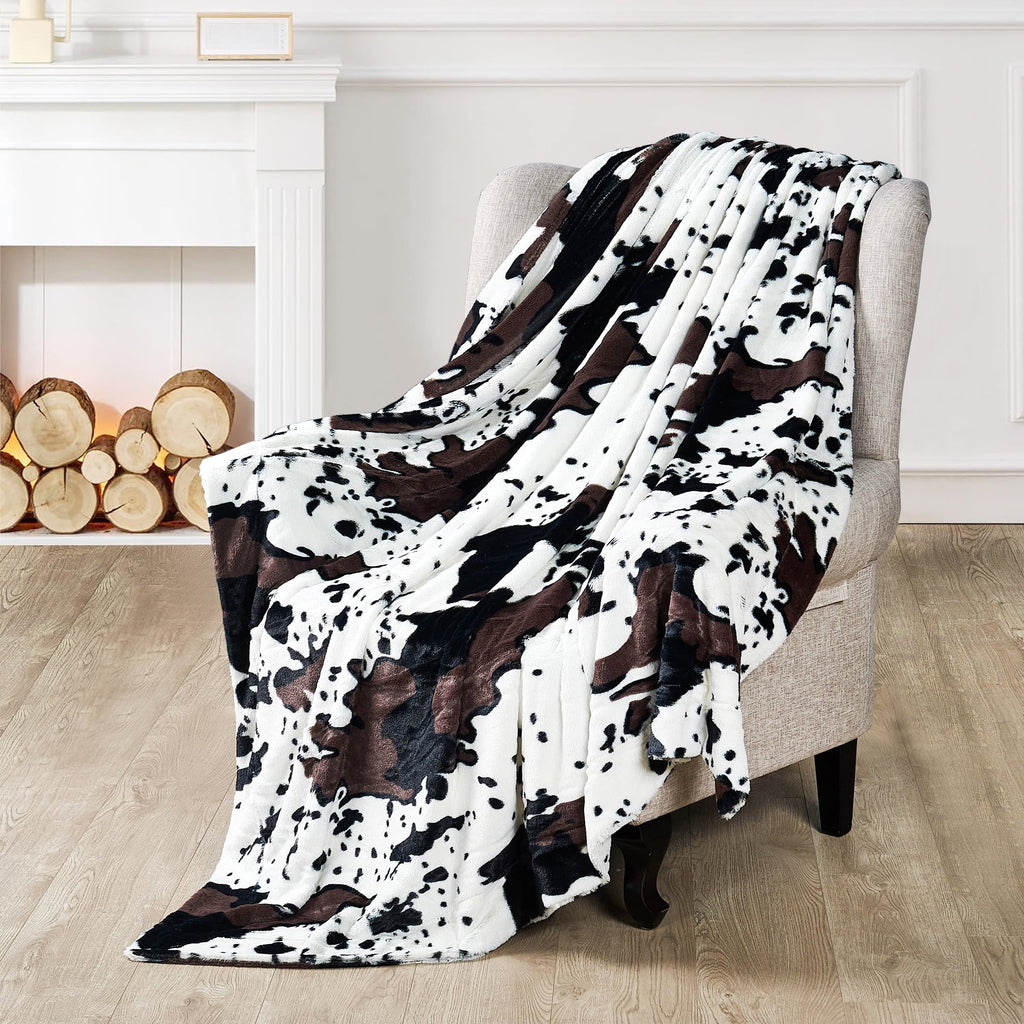 Decorative Knitted Cow Print Double Sided Faux Fur Throw Blanket, Soft Cozy Fuzzy Black and White Throw, 50x60 inches - Luxury Knitted Decorative Throw Blanket with Fringes Detail