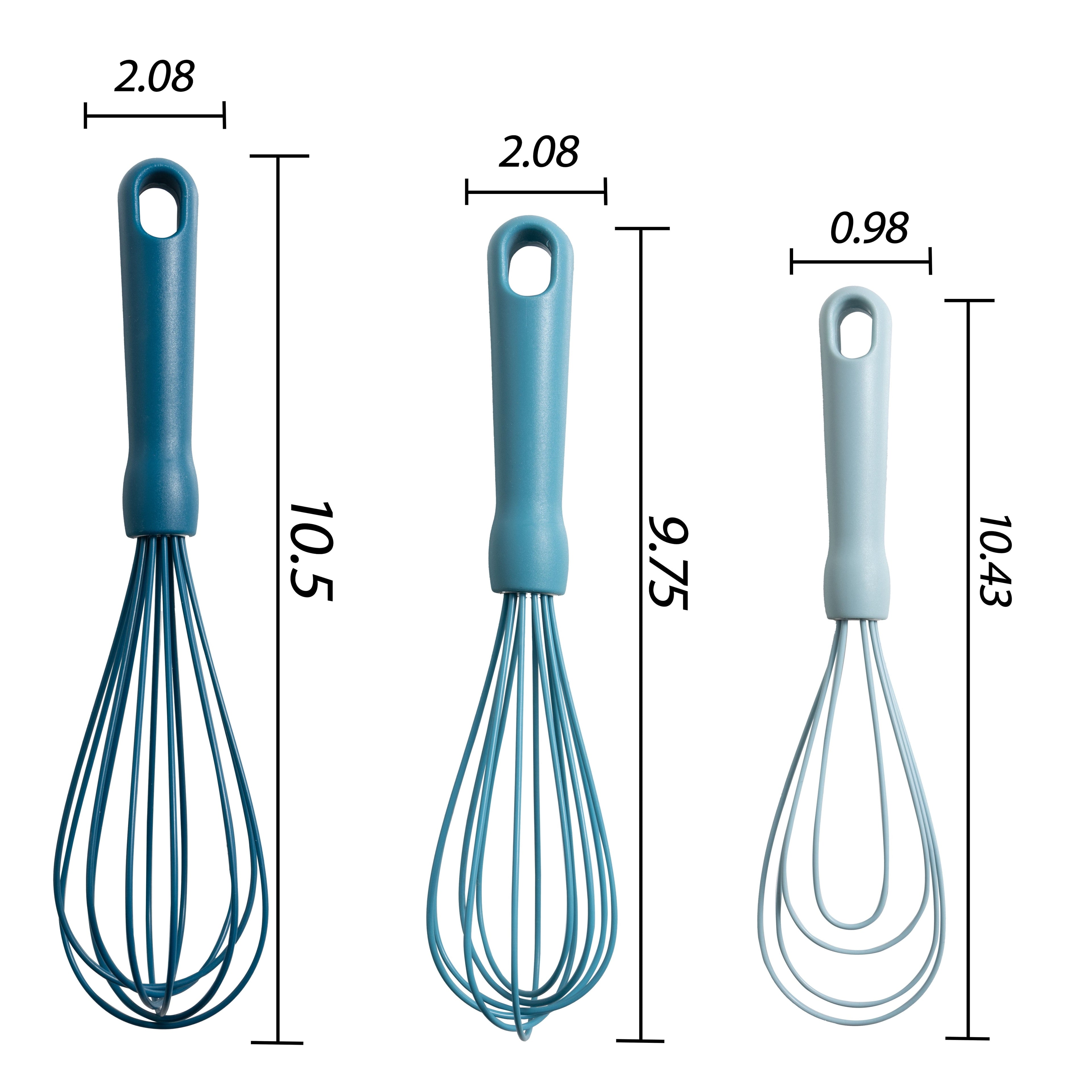 Time-Saving 3-Piece Silicone Whisk Set, 10.5"/10.4"/9.6" L, Blue Color - Kitchen Gadget Tool for Quick Food Prep Detail