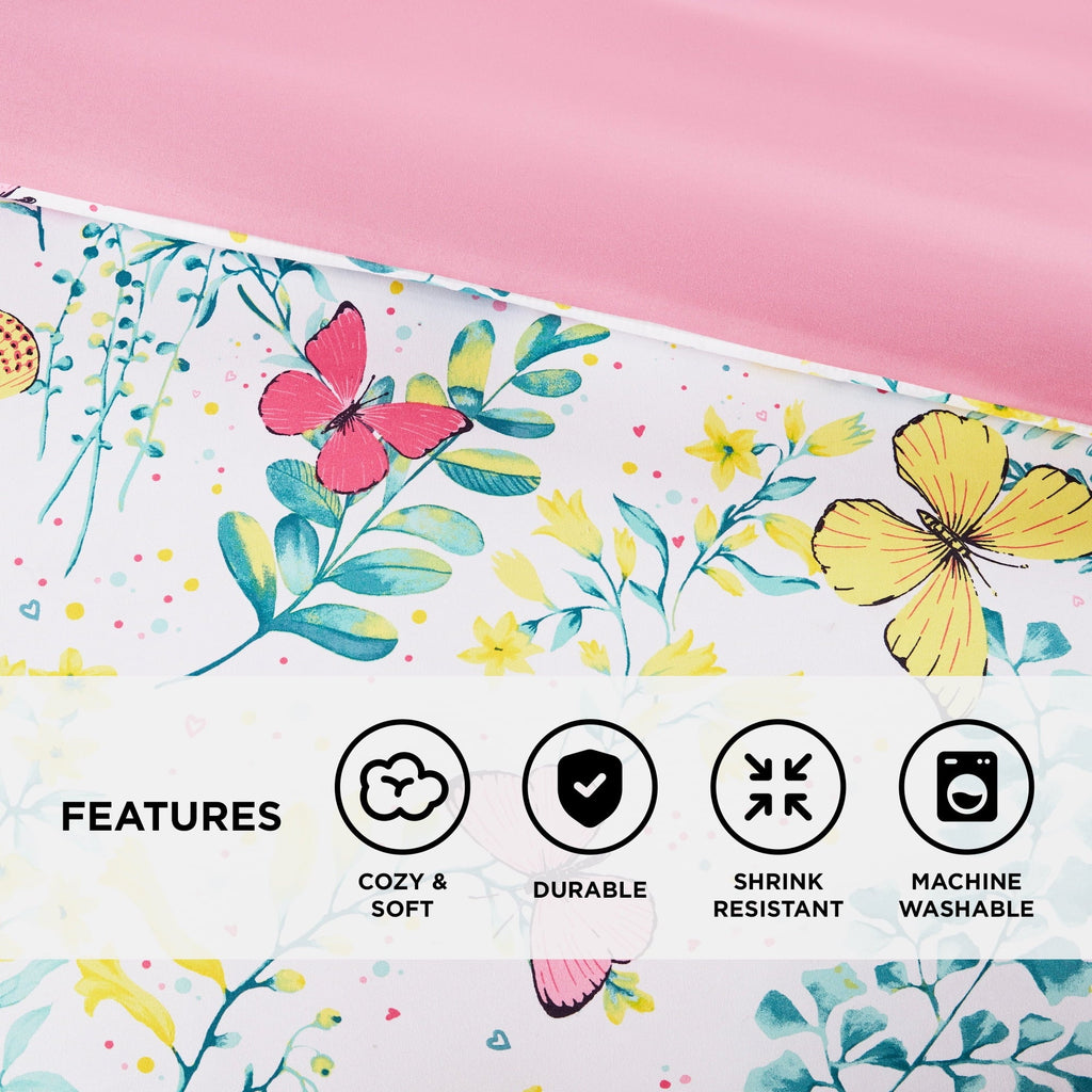 All-Season Full/Queen Size Comforter Sets, 4-Piece Kids Bedding Set for Girls, Butterfly Floral Comforter Bed Set, White/Pink - Cloud-Like Soft Lightweight Bed Comforter Detail